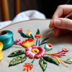 **Close-up of hands embroidering a floral pattern, focus on the needle and colorful threads, cozy atmosphere with a teacup in the background.**