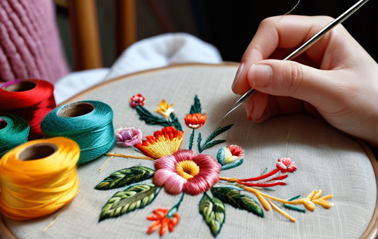 **Close-up of hands embroidering a floral pattern, focus on the needle and colorful threads, cozy atmosphere with a teacup in the background.**