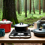 **Image:** A well-organized camping kitchen setup with various pots, pans, utensils, and a portable stove on a wooden picnic table in a scenic forest clearing, showcasing the joy of cooking outdoors.