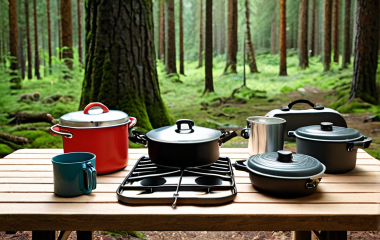 **Image:** A well-organized camping kitchen setup with various pots, pans, utensils, and a portable stove on a wooden picnic table in a scenic forest clearing, showcasing the joy of cooking outdoors.